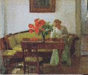 Anna Ancher Interior with poppies and reading woman oil painting picture wholesale